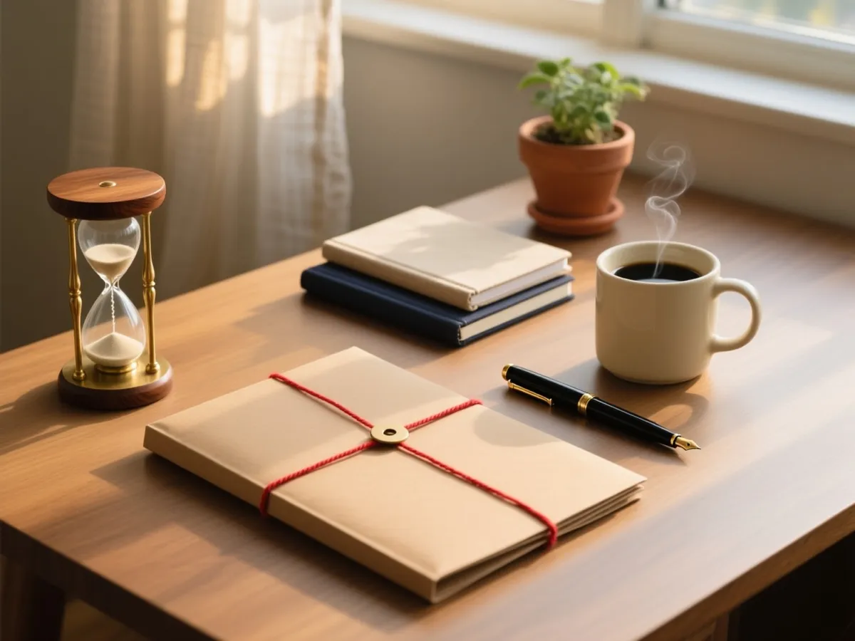 A closed folder tied with red string, an hourglass, two notebooks, a pen, and a coffee on a sunlit desk