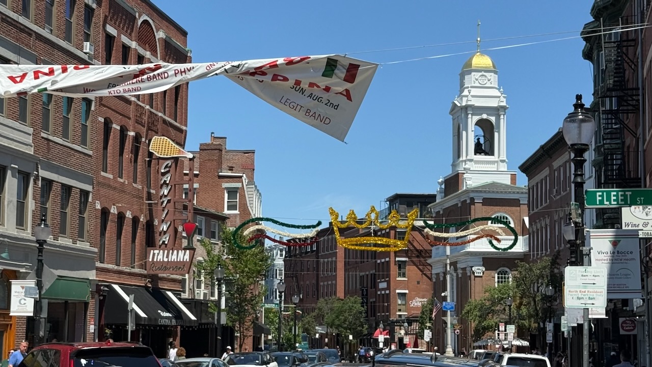 Banners strung across a street in Boston's North End, Little Italy