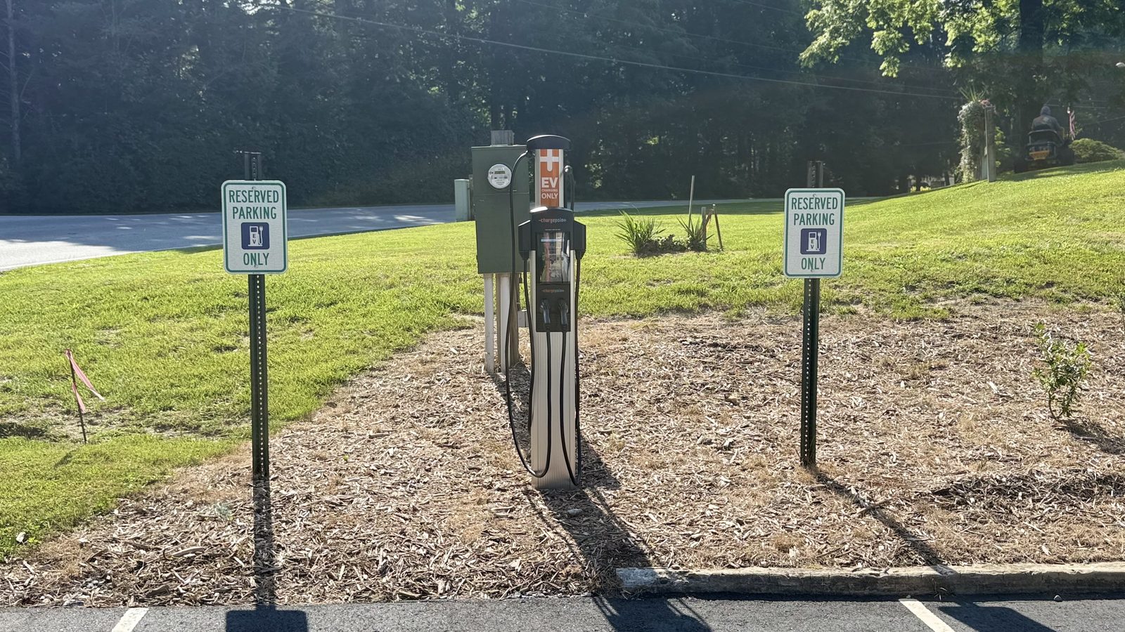 A ChargePoint station with reserved EV parking near Gorges State Park, North Carolina