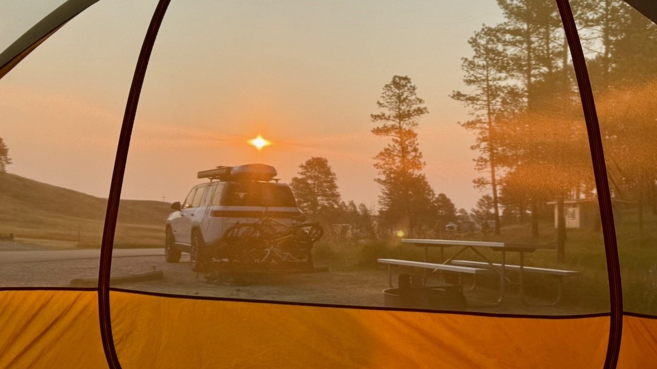 Sunrise through the tent door at Elk Mountain Campground, Wind Cave National Park